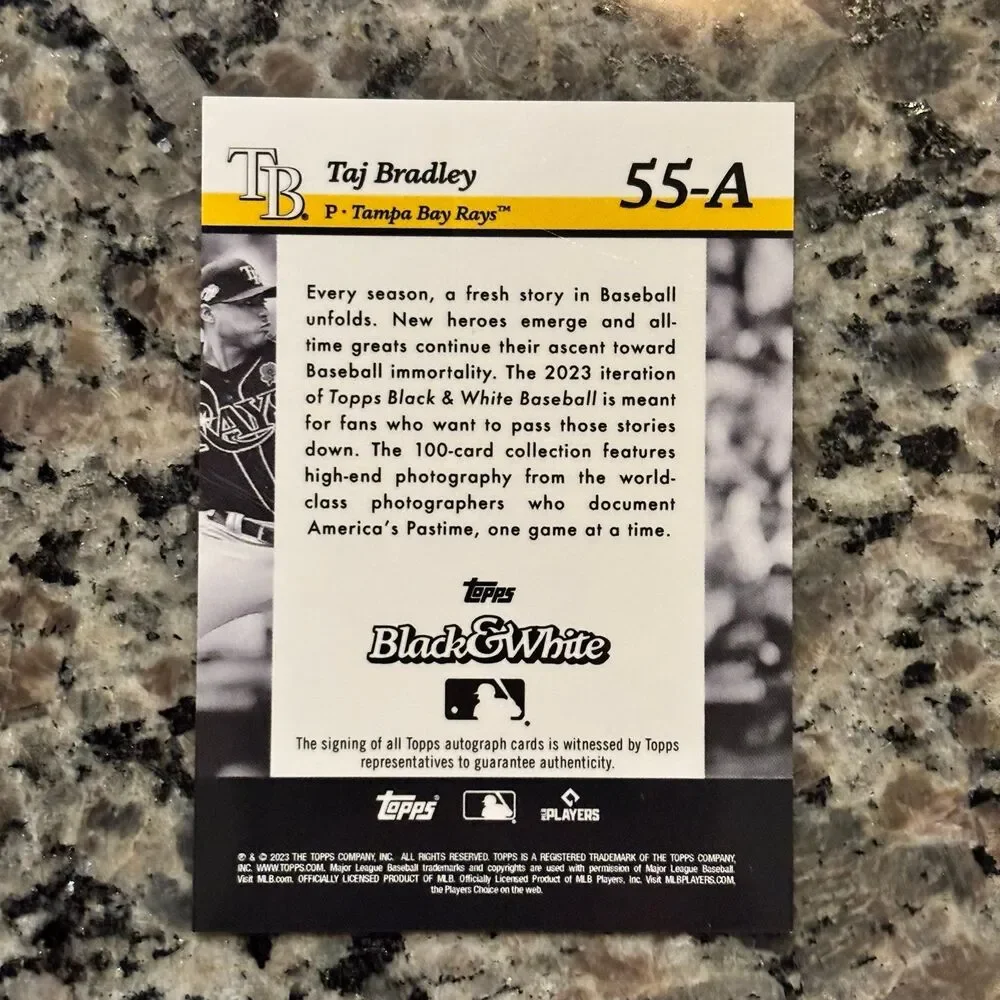 2023 Topps Black & White #55-A Taj Bradley Rookie RC Auto /49 Tampa Bay Rays